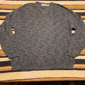 Fieldmaster VTG Blue Marled Cotton Blend V-Neck Sweater‎ Large Grandpa Oversized
